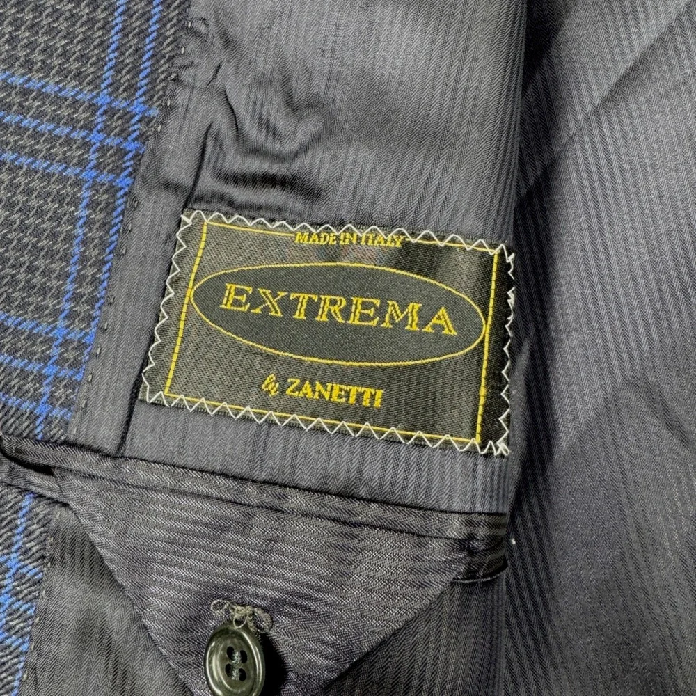 EXTREMA ZANETTI Zegna Blazer 44R US 54R IT Blue Windowpane Plaid Super 120s Wool
